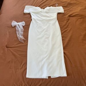 Lulus white bodycon midi off shoulder dress w/ bow